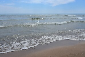 En la playa y camastros