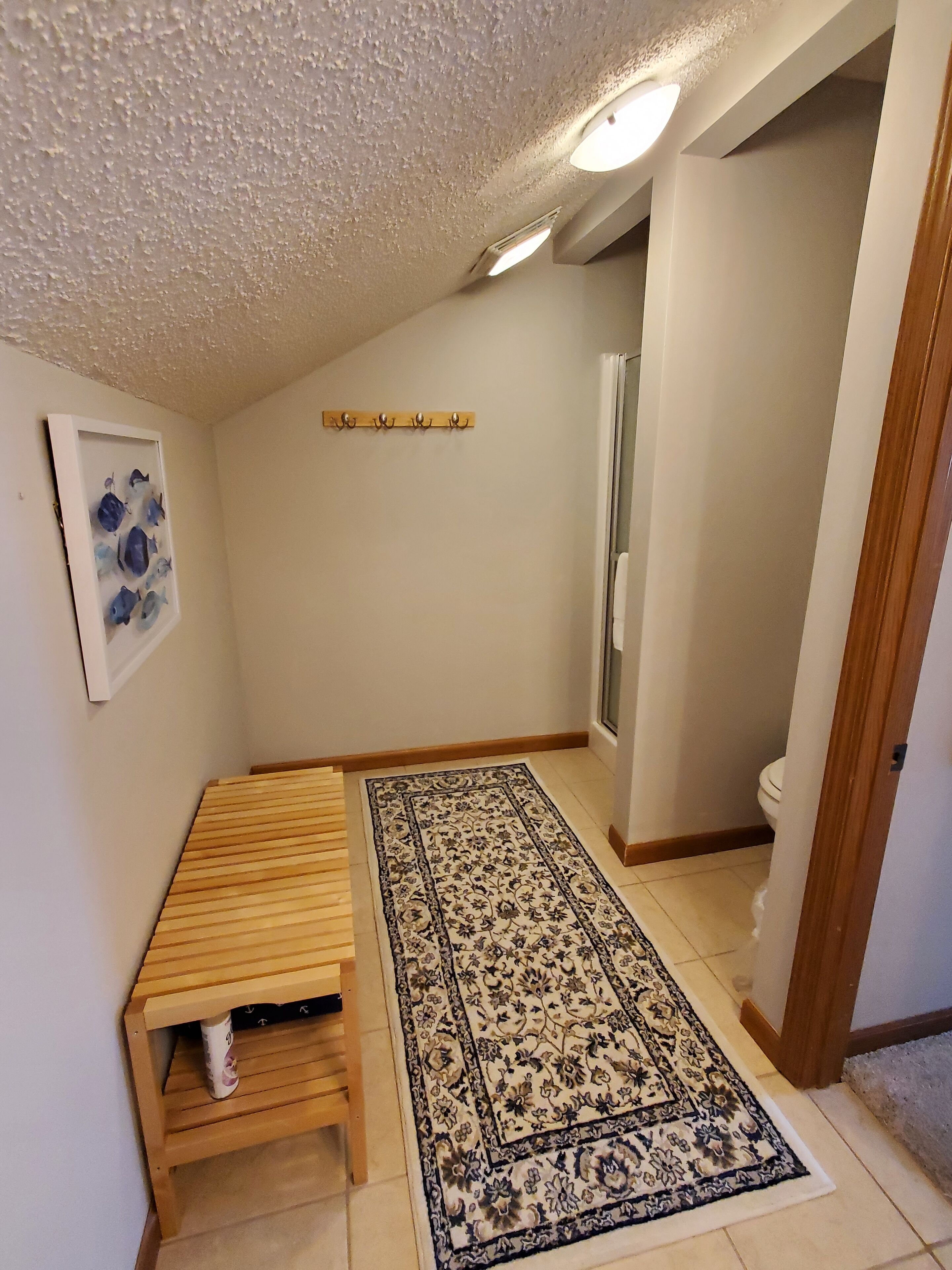 Une petite pièce étroite, avec un banc en bois, un tapis à motifs, un porte-manteau fixé au mur et des toilettes visibles à travers une porte ouverte.