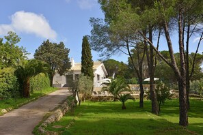 Stroll through the serene garden to the simple, functional building with a clear entrance and staircase.