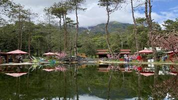 A serene lakeside setting with traditional buildings and a clear reflection in the water.