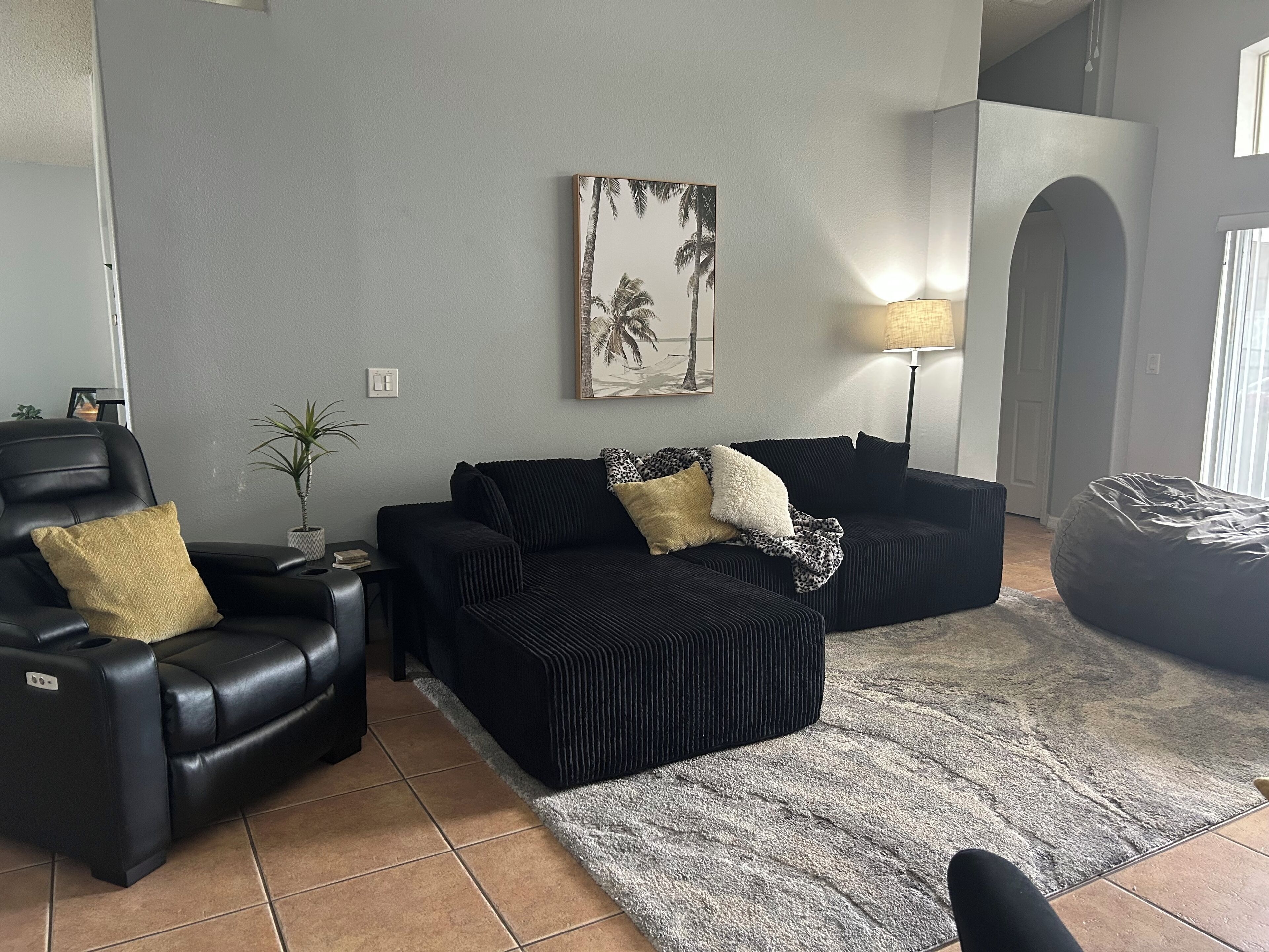 Uma sala de estar com um sofá de couro preto, uma poltrona preta, um tapete cinza e um quadro com palmeiras.