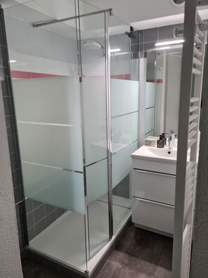 Ducha, secador de pelo, jabón y papel higiénico