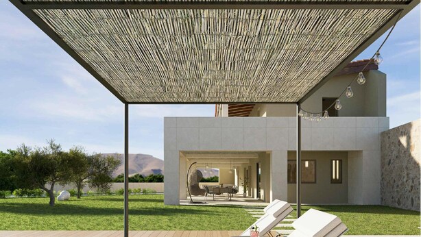 A modern outdoor pool area with lounge chairs, a covered seating area, and a view of the landscape. - Stunning 'Finca Clos' with Mountain View, Private Pool, Garden, A/C & Wi-Fi (BORRASSA)