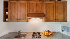 Une cuisine avec des meubles en bois, un évier en acier inoxydable, une cuisinière à gaz et un panier de fruits posé sur le plan de travail.