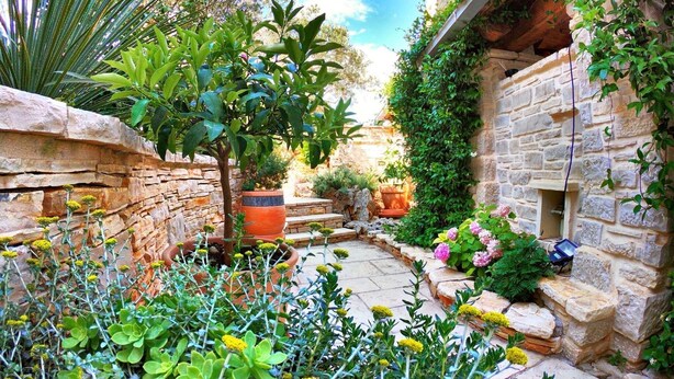 Pátio com paredes de pedra, diversas plantas e flores, uma pequena árvore e um banco de pedra.