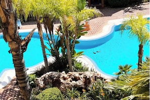 Una piscina rodeada de palmeras y plantas tropicales.