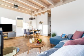 Fernseher, Kamin, Bücher, Videothek