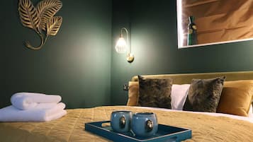 Green Leaf Room | Desk, laptop workspace, blackout drapes, iron/ironing board