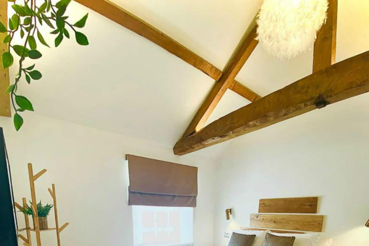 Scandi Room | Desk, laptop workspace, blackout drapes, iron/ironing board