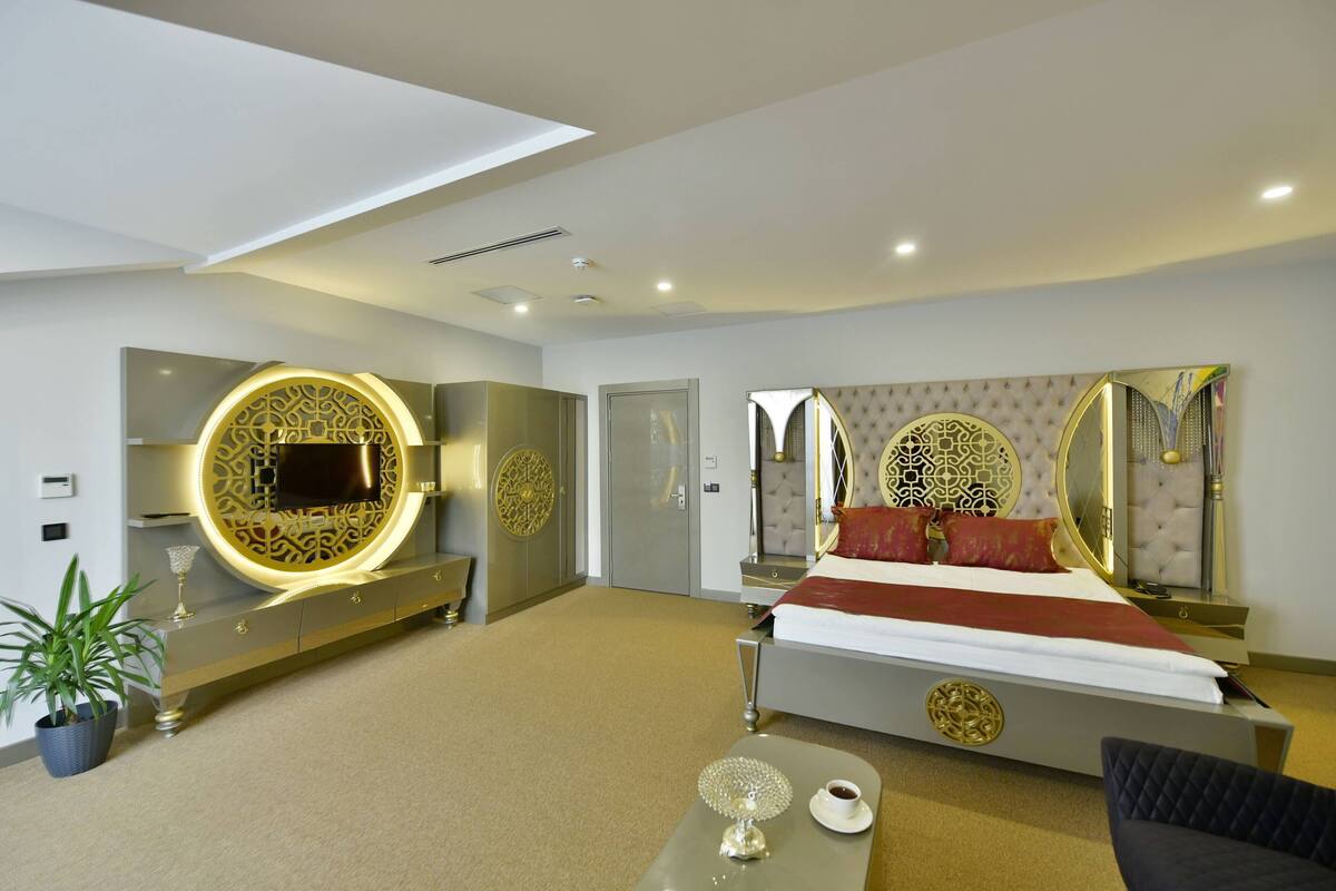 Een moderne hotelkamer met een groot bed, een kaptafel met spiegel, een televisie en een potplant.