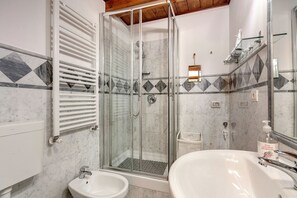 Shower, hair dryer, bidet, towels