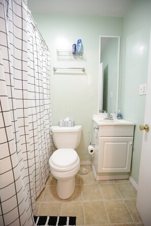 Bañera con ducha, secador de pelo, toallas