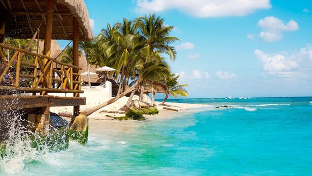 A beach with a wooden deck, palm trees, and a clear blue ocean. - Super Chic 3bd aptm. sauna/jacuzzi Mamitas Beach (Playa del Carmen)