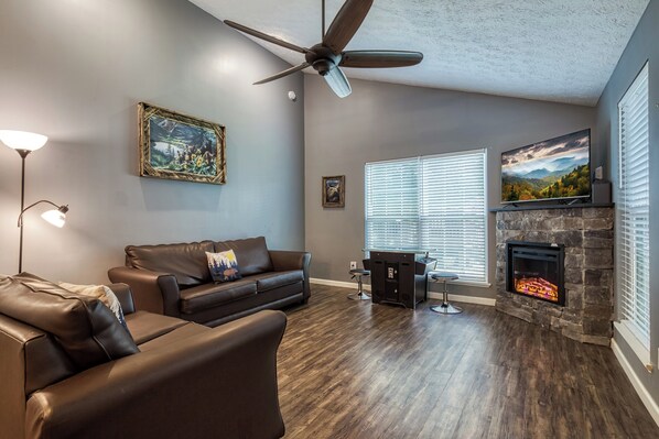 TV, fireplace, video games