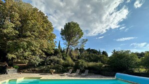 Una piscina d'aigua transparent i blava, envoltada de vegetació i arbres frondosos.