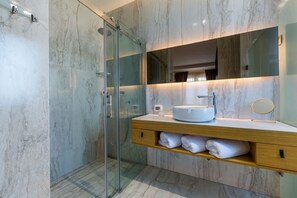 Douche, séchoir à cheveux, bidet, serviettes fournies