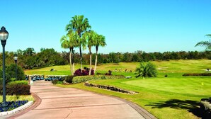 A golf course with a curved pathway, palm trees, and a clear blue sky. - Worldmark Reunion (Kissimmee)