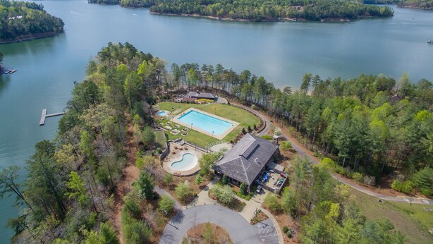An aerial view of a lakeside property with a swimming pool, a small dock, and a building with a sloped roof.