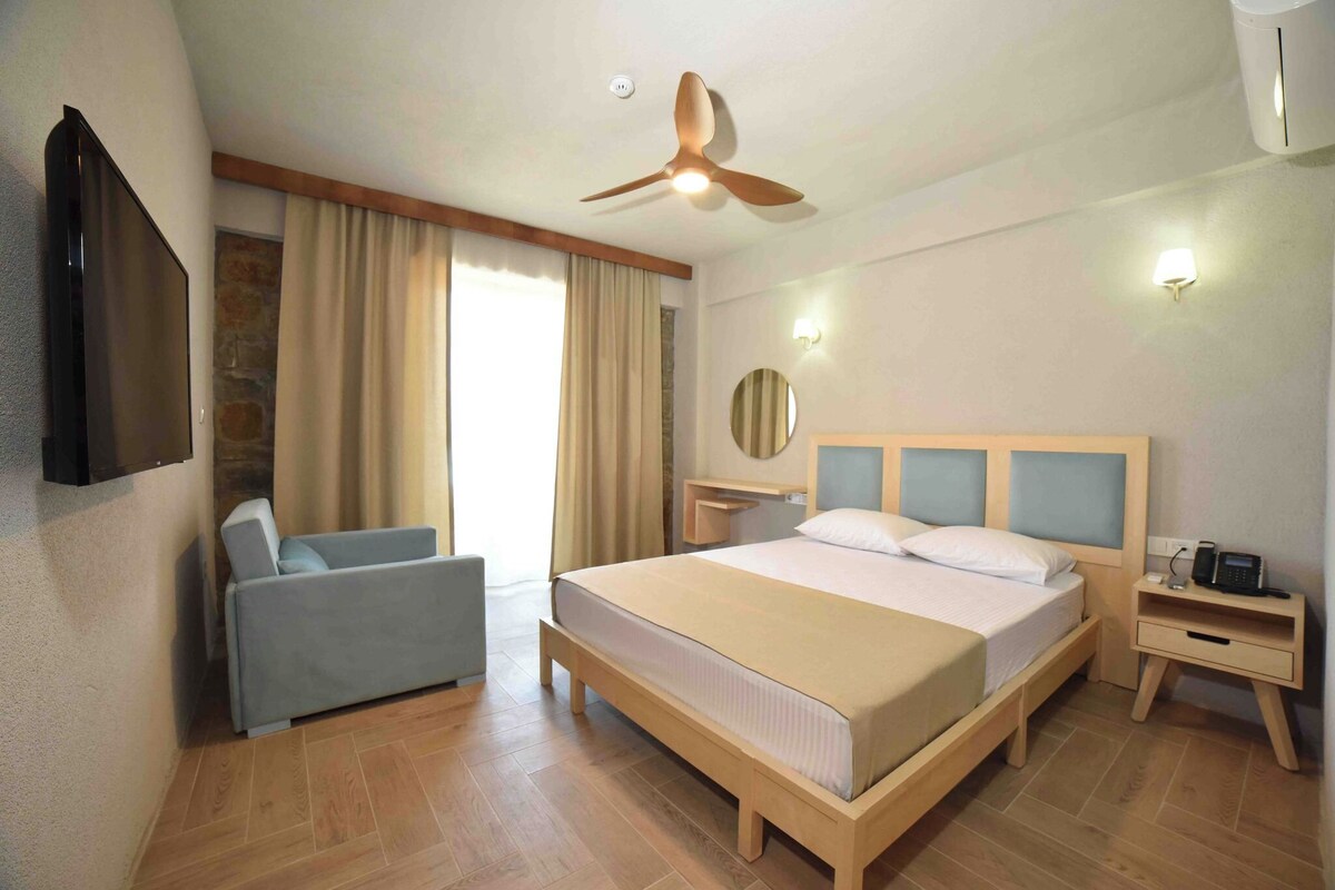 Une chambre d’hôtel équipée d’un lit, d’un canapé, d’une télévision, d’un ventilateur de plafond, d’une table de chevet et d’une lampe fixée au mur.