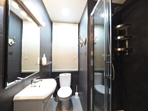 Shower, hair dryer, towels