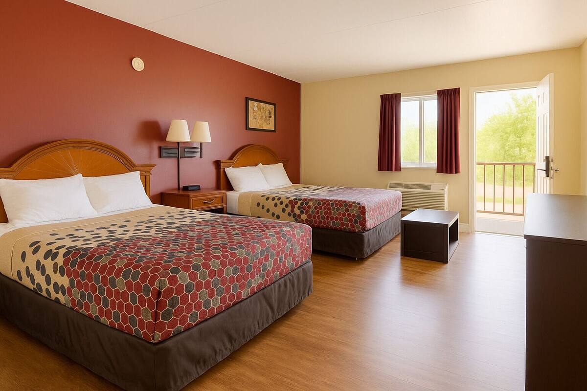 A hotel room with two beds, a desk, a chair, a lamp, and a window with curtains.