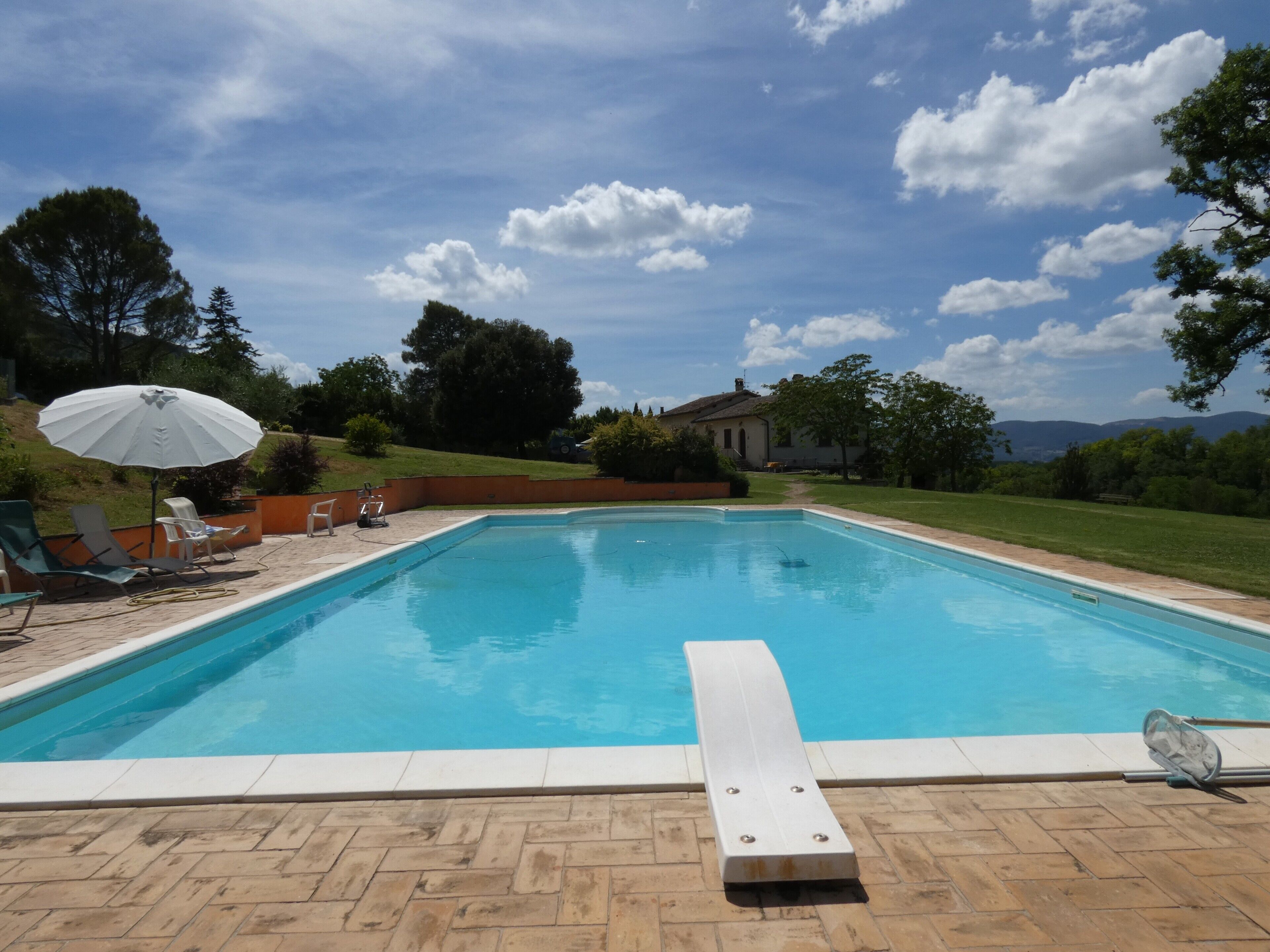 Una piscina rettangolare con un pontile di legno in primo piano, circondata da lettini e un ombrellone.