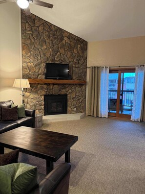 Flat-screen TV, fireplace, offices