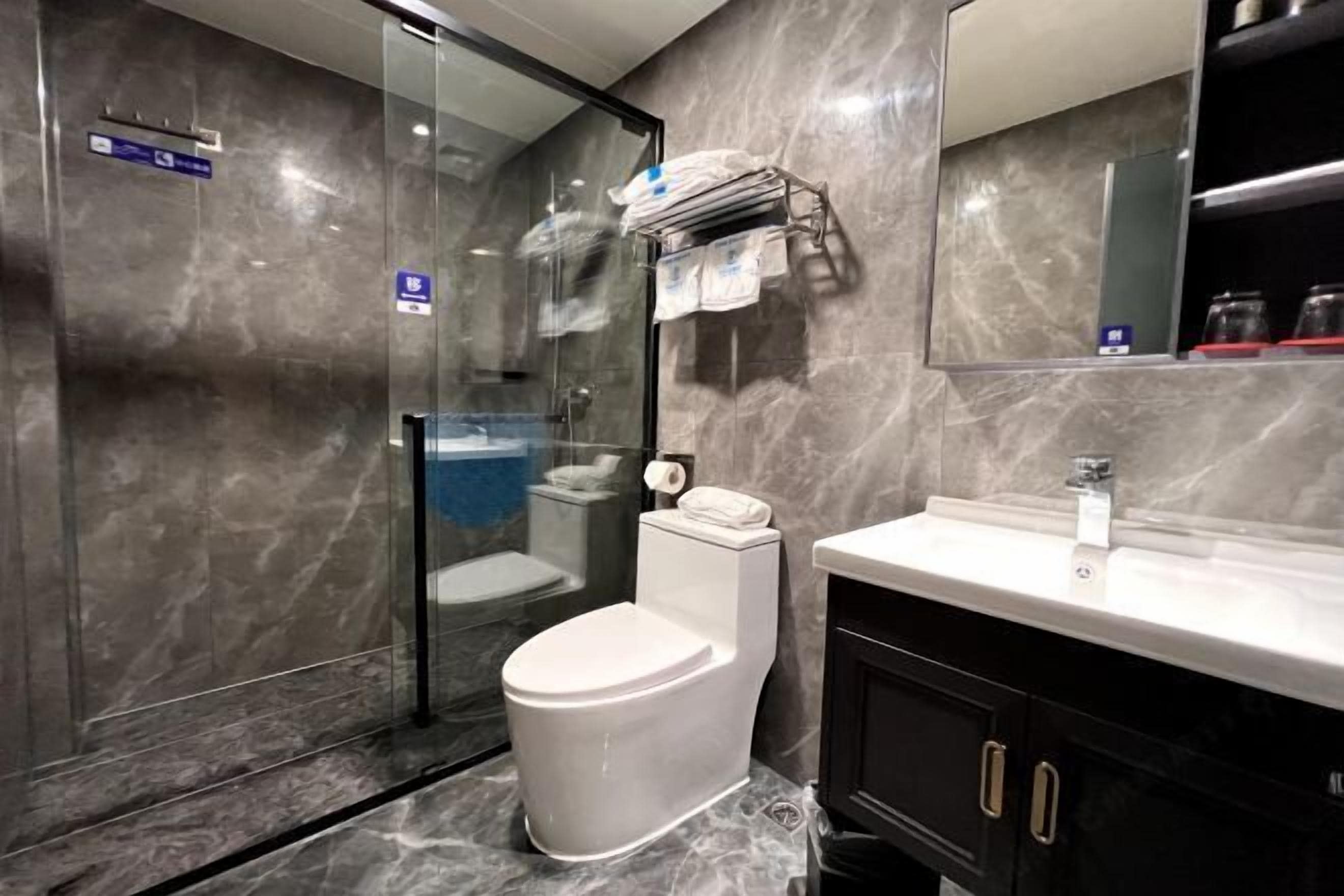 Une salle de bain moderne avec une douche à parois de verre, des toilettes blanches et un meuble-lavabo en bois fonc é agrémenté d’un miroir.