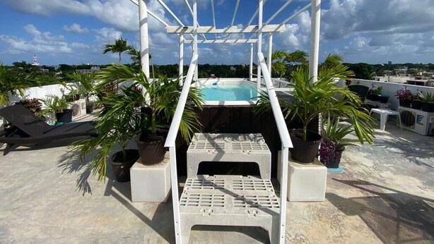 Een terras op het dak met een zwembad, palmbomen en een witte pergola.