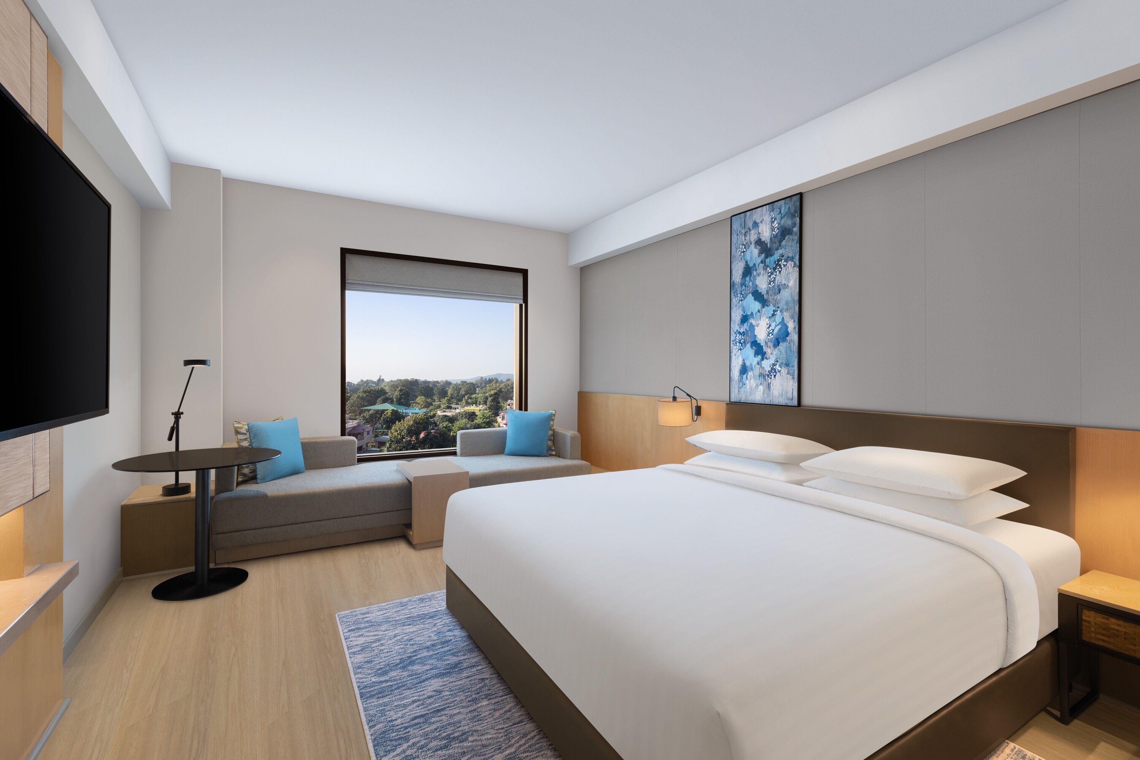Une chambre d’hôtel moderne avec un grand lit, un canapé, une petite table et un téléviseur.