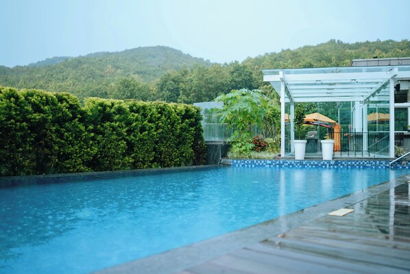 A swimming pool with a wooden deck, surrounded by lush greenery and a glass structure.