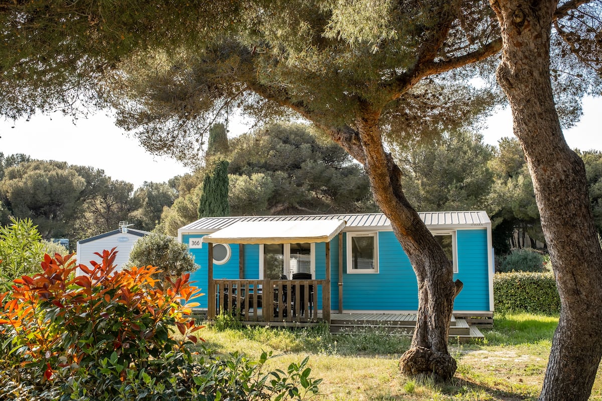 Een klein, blauw vakantiehuisje met een houten terras, omgeven door bomen en groen.