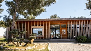 A reception area with a wooden facade, a large reception desk, and a clear glass door. - Camping de l'Arquet Cote Bleue (Martigues)