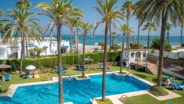 Un área de piscina con agua cristalina, rodeada de palmeras y sillas de descanso.