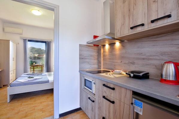 Fridge, microwave, stovetop, electric kettle