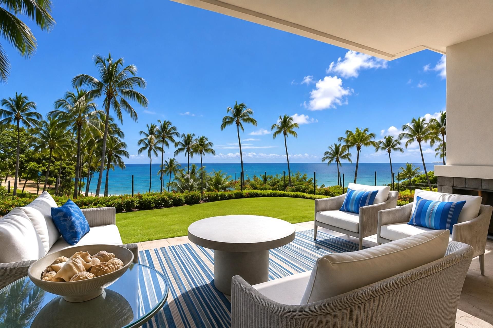 Eine Terrasse mit Gartenmöbeln, einer Schale Kekse und Blick auf den Ozean und Palmen.
