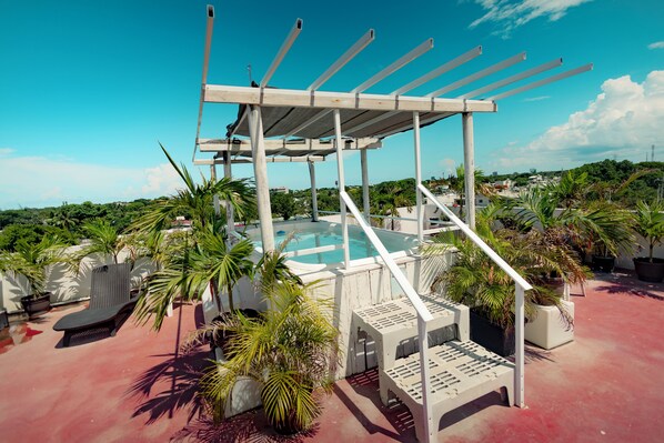 A rooftop pool area with lounge chairs, a pergola, and potted plants.