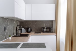 Deluxe Studio | Private kitchen | Microwave, stovetop, toaster, cookware/dishes/utensils - The City Lodge Boutique Apartments (Zagreb)