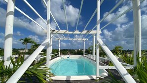 A hot tub under a white pergola with a clear blue sky and palm trees in the background.