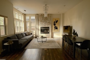 Smart TV, fireplace, books