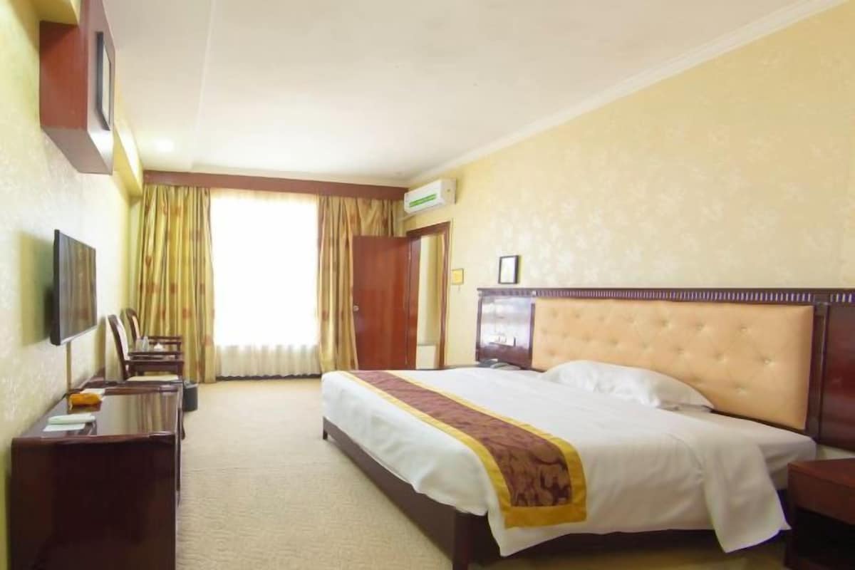 A hotel room with a bed, a desk, a chair, a television, and a window with curtains.
