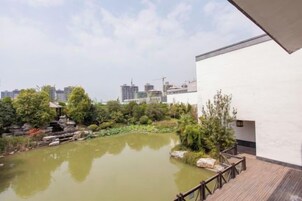 Un patio tranquilo con un estanque, rodeado de follaje y un edificio blanco.