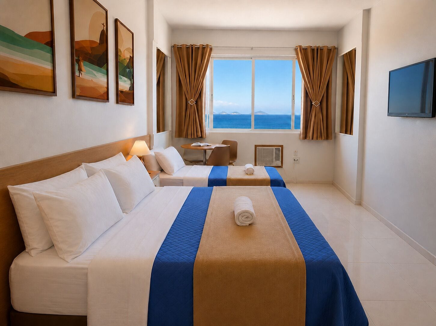 Quarto de hotel com uma cama, escrivaninha, cadeira, televisão e janela com cortinas.