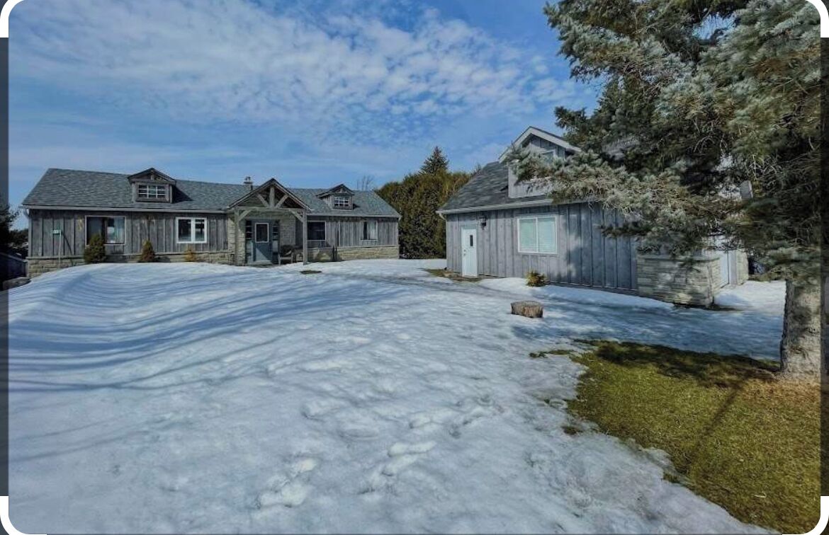 A residential area with houses and a snow-covered driveway.