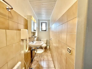 A narrow bathroom with a sink, toilet, and mirror.