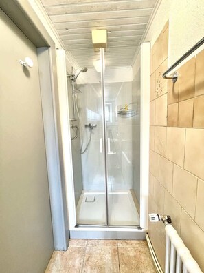 A glass-enclosed shower stall with a handheld showerhead, a wall-mounted faucet, and a control panel.