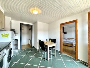 A compact room with a dining table, chairs, a bed, a washing machine, and a small kitchen area.