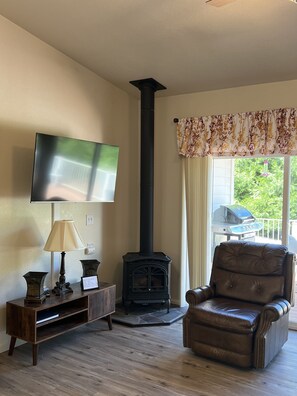 Smart TV, fireplace, video games, DVD player