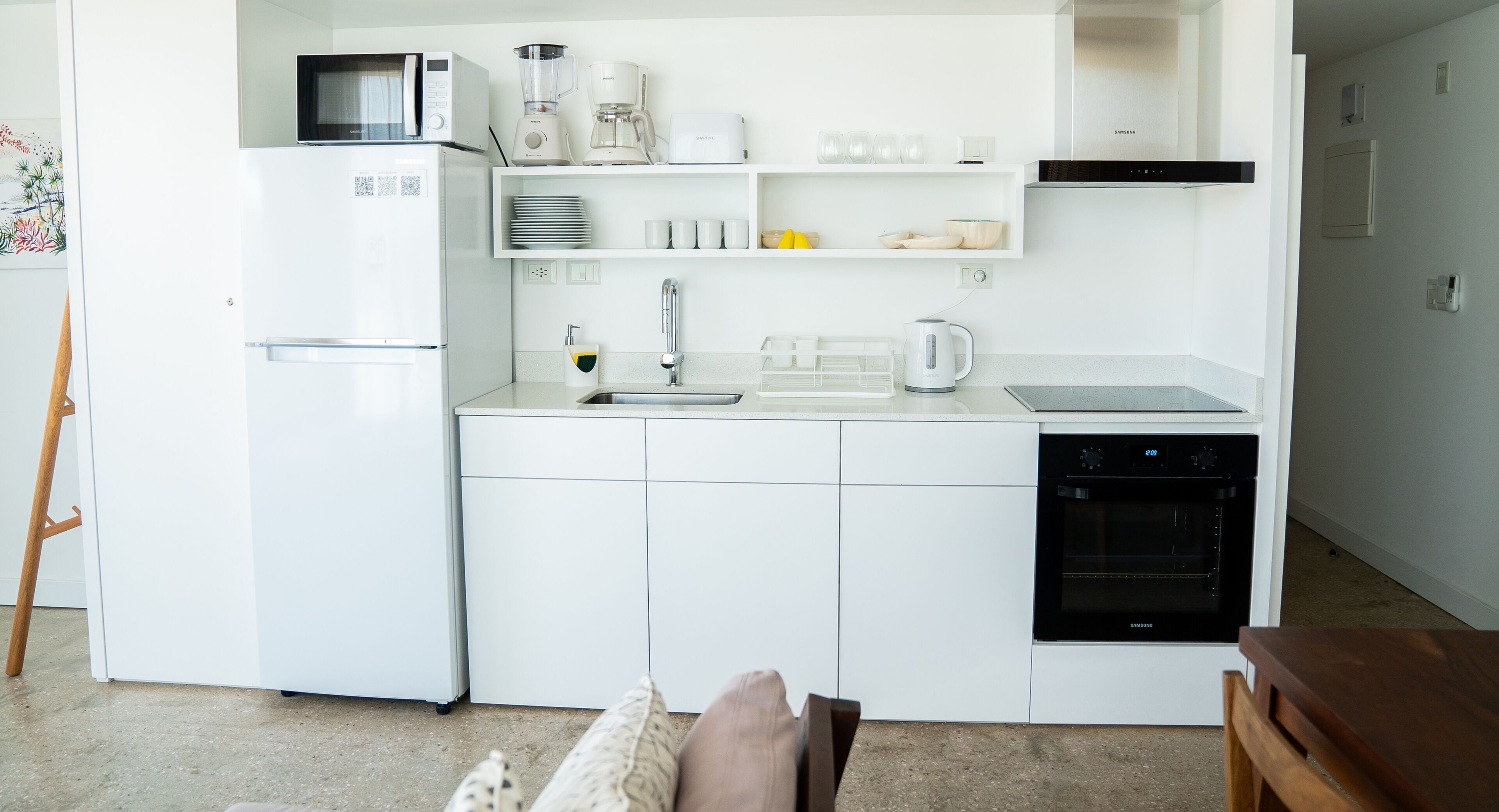 fridge, microwave, oven, stovetop