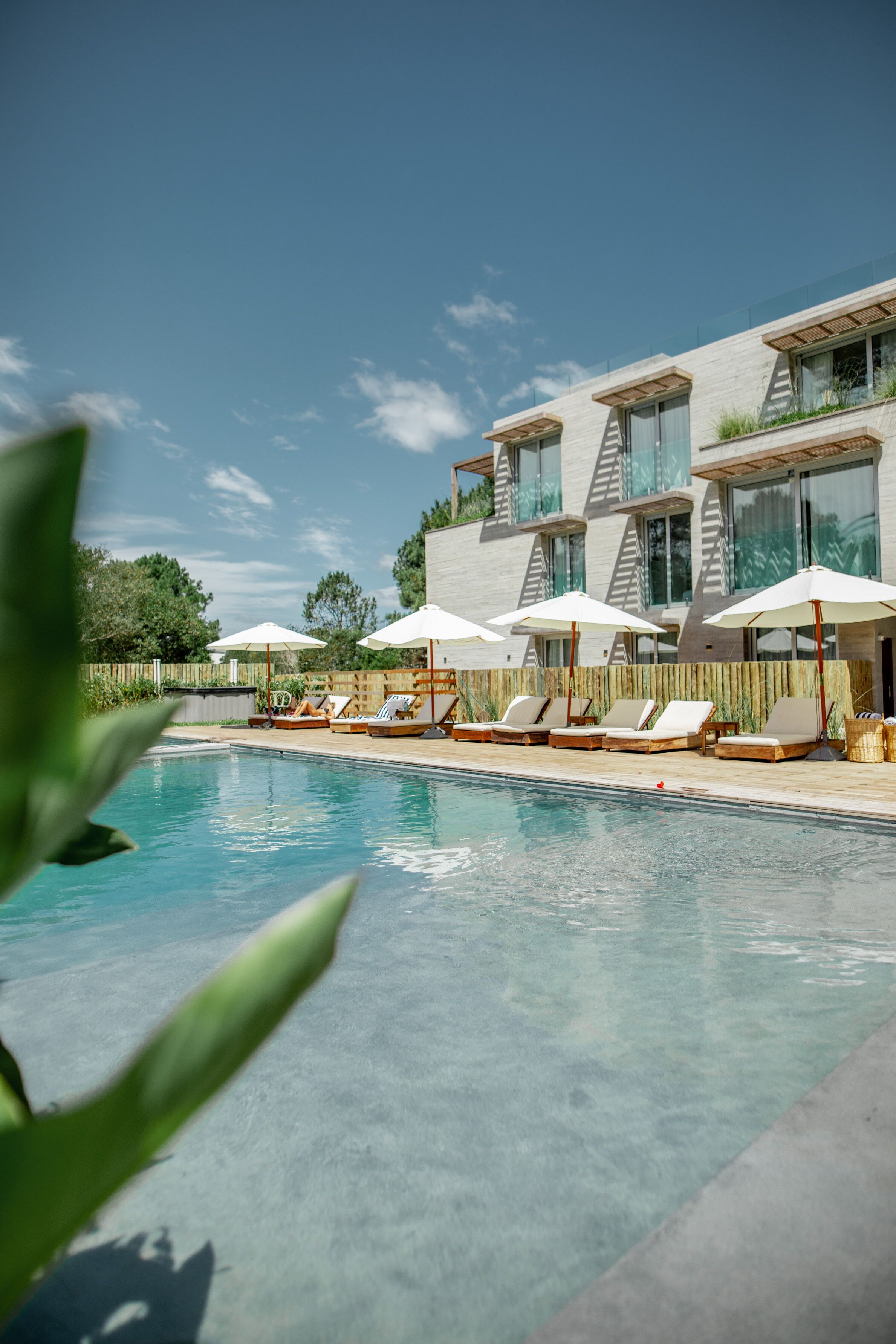 A modern hotel with a pool area, sun loungers, and umbrellas.